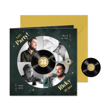LP plaat uitnodigingskaart muziek feestje goud foto's